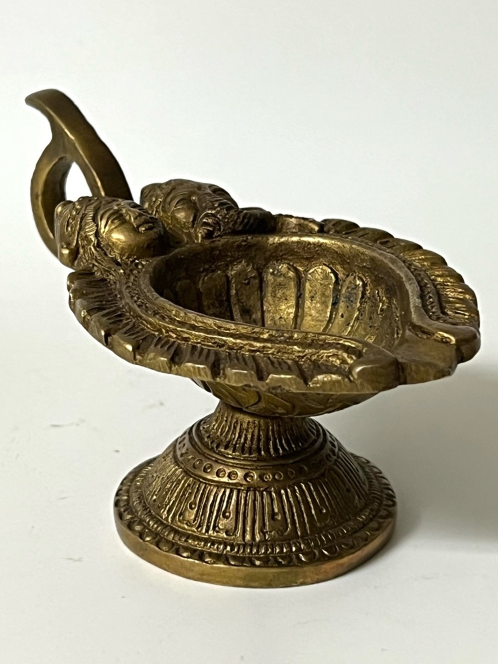 VTG Solid Brass Carved Oil Lamp with Handle Hinduism Ganesha Lakshmi Diya 2.5 in